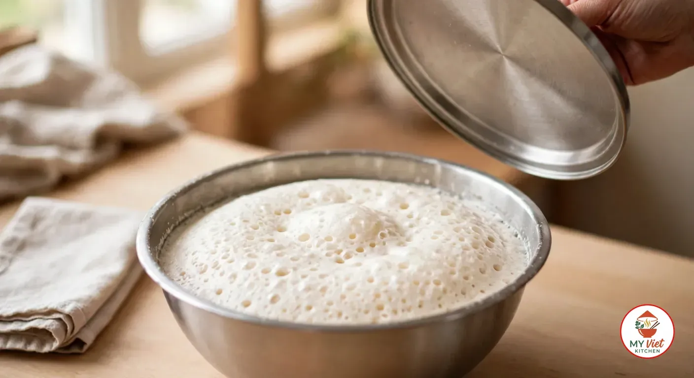 A hand lifting a steel lid off a stainless-steel bowl of risen, off-white fermented dosa batter, its domed surface covered in small bubbles and pinholes, next to a folded cotton towel