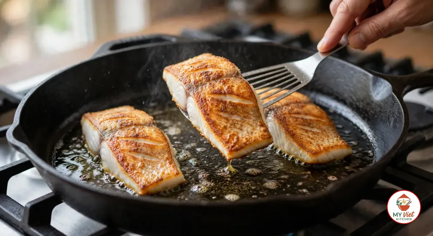 Lifting a barramundi fillet with a slotted fish spatula to show its deep golden, crispy scored skin in a black cast-iron skillet on a gas stove, two more fillets already turned skin side up in the sizzling oil