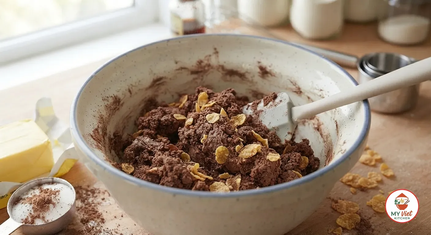 Crushed cornflakes folded into dark chocolate biscuit dough with a spatula