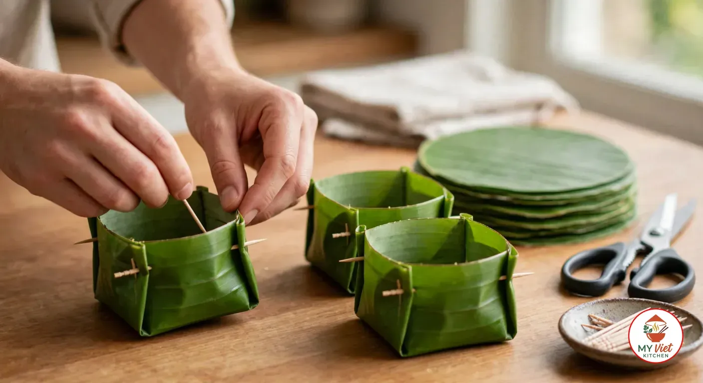 Two hands pushing a wooden toothpick through a pleated corner of an empty banana-leaf cup on a wooden counter, beside two finished cups, a stack of round-cut banana leaves, kitchen scissors and a dish of toothpicks