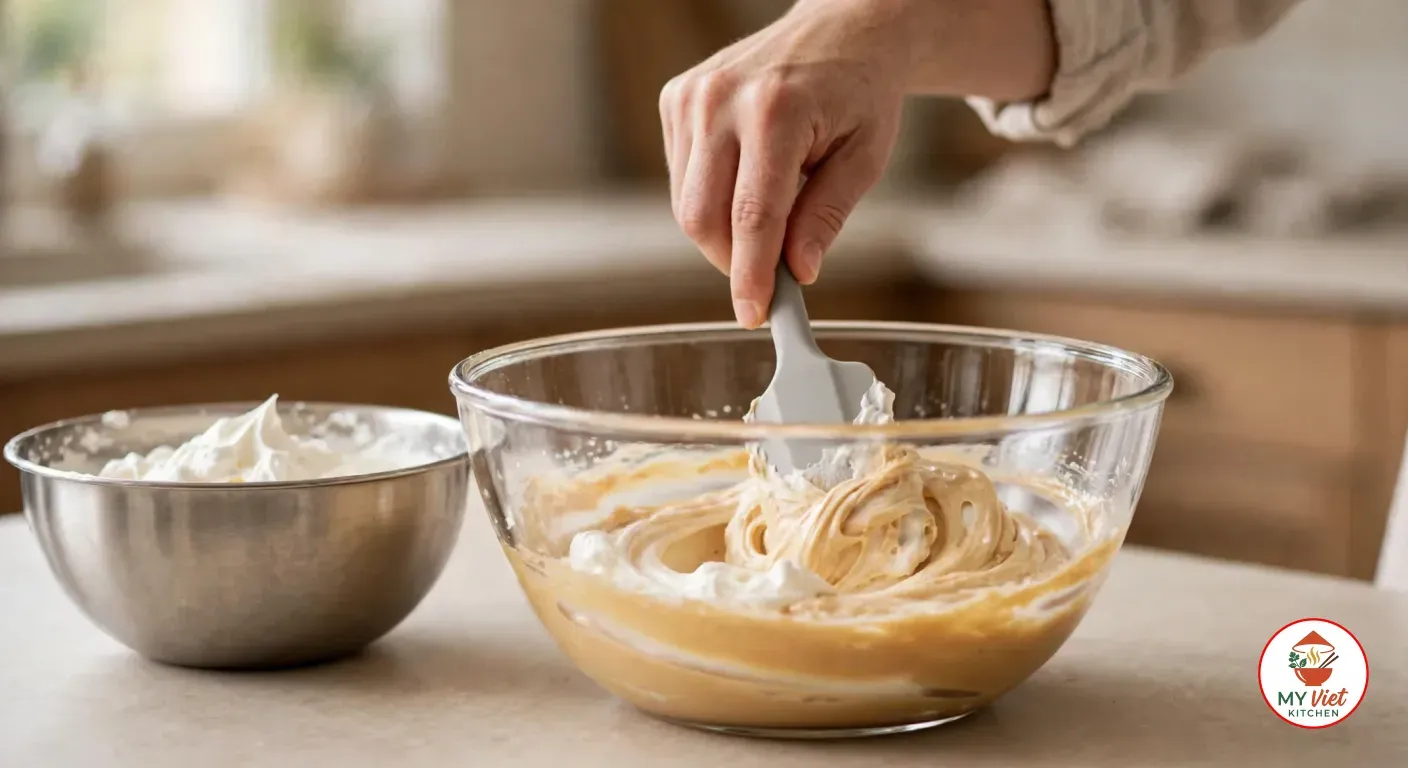 Folding whipped cream into the golden Amarula base with a silicone spatula, beside the bowl of remaining whipped cream