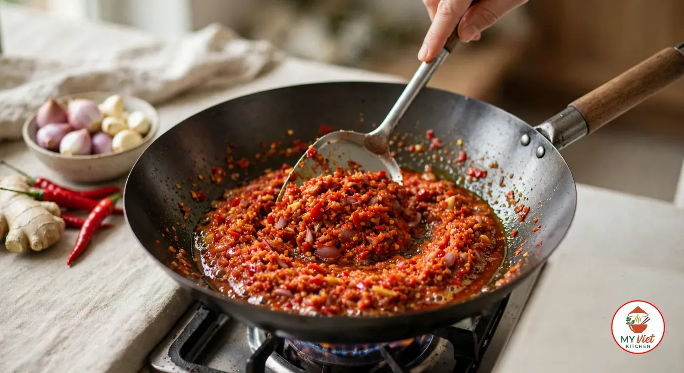 A hand stirring a coarse red paste of chilies, shallots, garlic and ginger with a steel wok ladle in a black carbon-steel wok on a gas burner, red oil seeping at the edges, beside a bowl of shallots and garlic, fresh red chilies and ginger