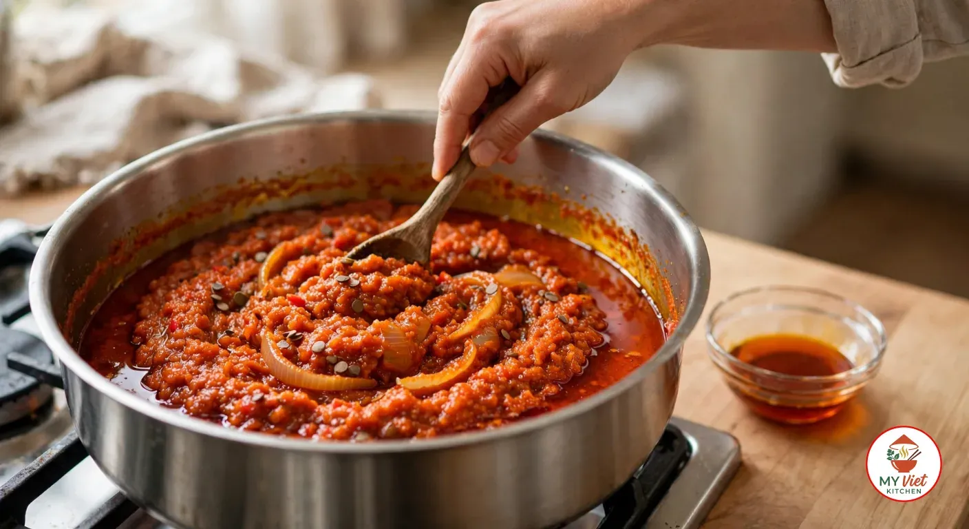 A hand stirring a thick, coarse red-orange pepper paste with onion slices and small locust-bean seeds in a wide stainless-steel pot on a gas stove, oil pooling at the edge, beside a small glass bowl of palm oil on the wooden counter