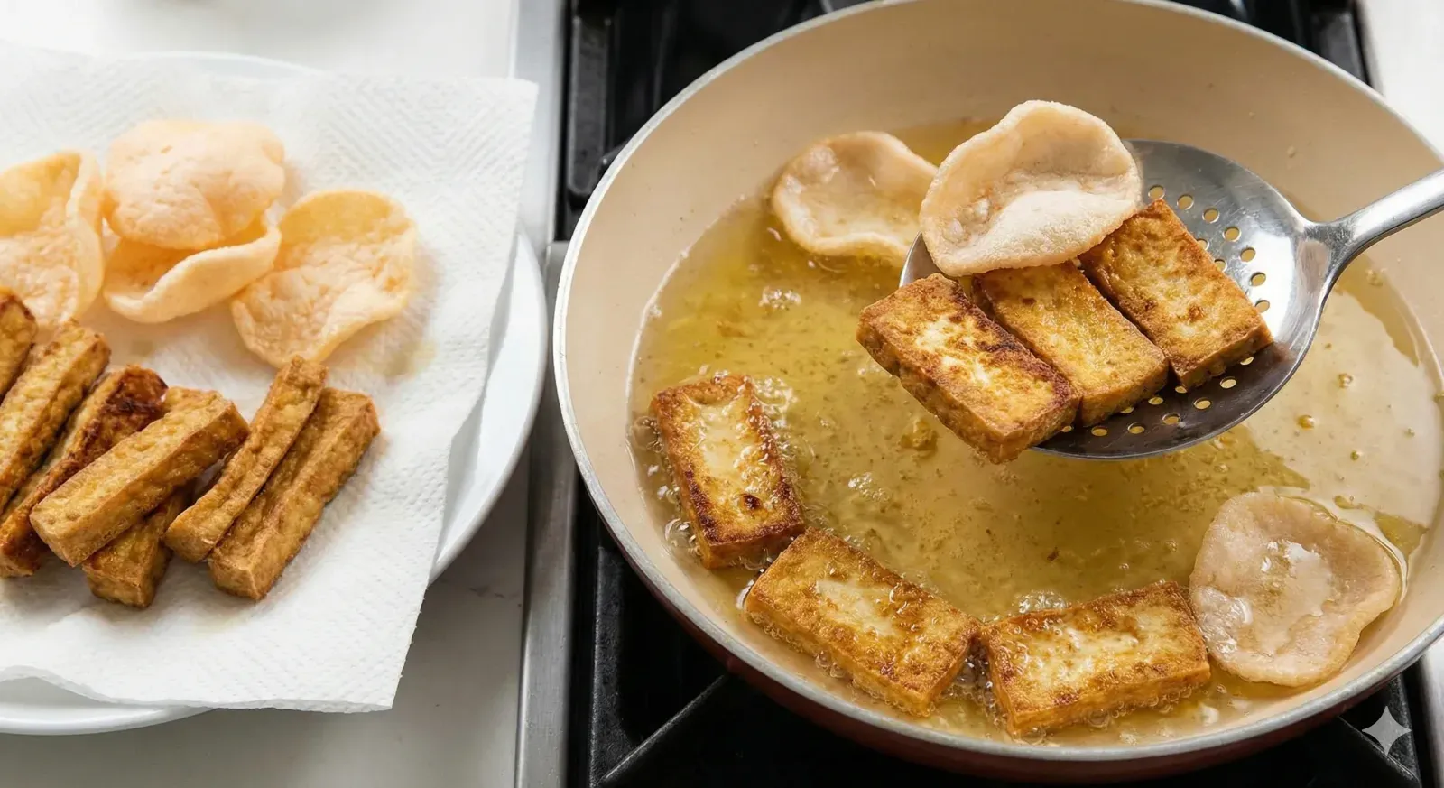 Step 3: Fry Tofu and Shrimp Crackers