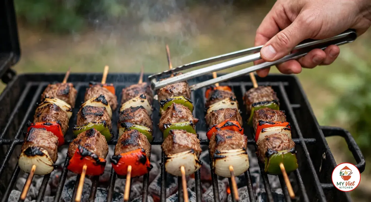 Turning a brochette with long steel tongs on the black grate of a charcoal grill over white-ashed coals, six wooden skewers of goat meat cubes with dark charred edges between chunks of white onion and red and green bell pepper, a wisp of smoke rising in a green backyard