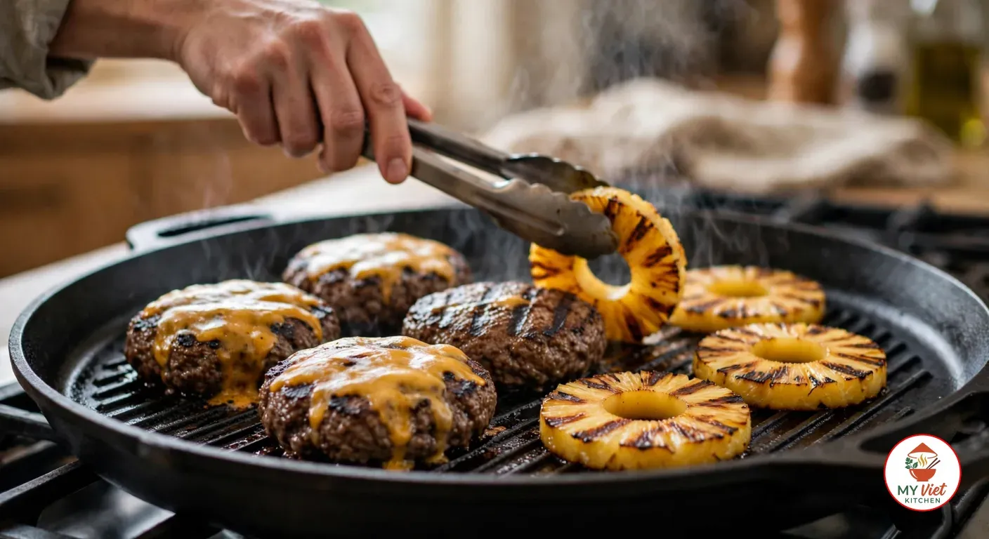 Turning a char-marked pineapple ring with metal tongs on a black cast-iron ridged grill pan, three more grilled pineapple rings beside four beef patties with dark grill marks, cheddar melting over three of them