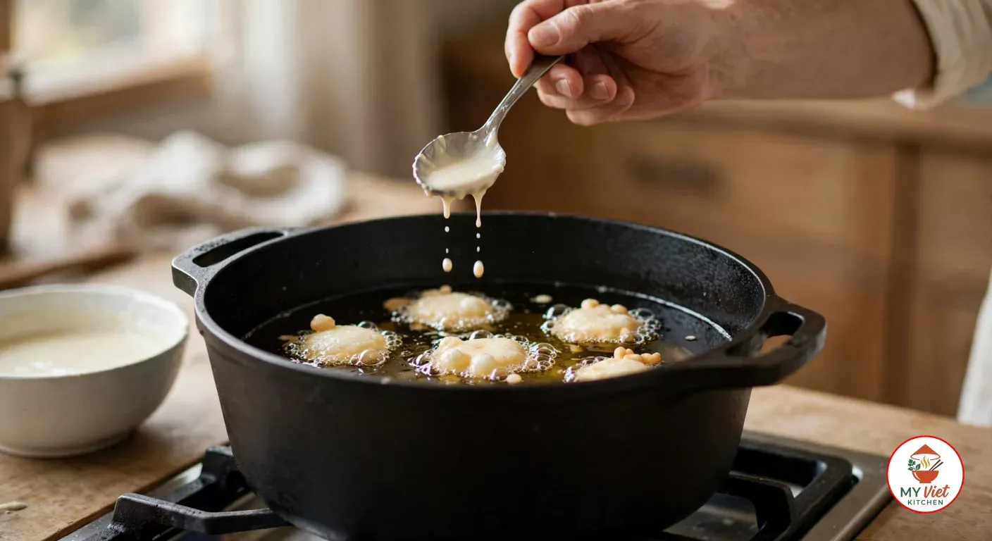 Dripping a little batter from a spoon into hot oil in a deep black cast-iron pot on a gas stove to test the temperature, the drops floating and fizzing on the surface, a white bowl of batter beside the stove