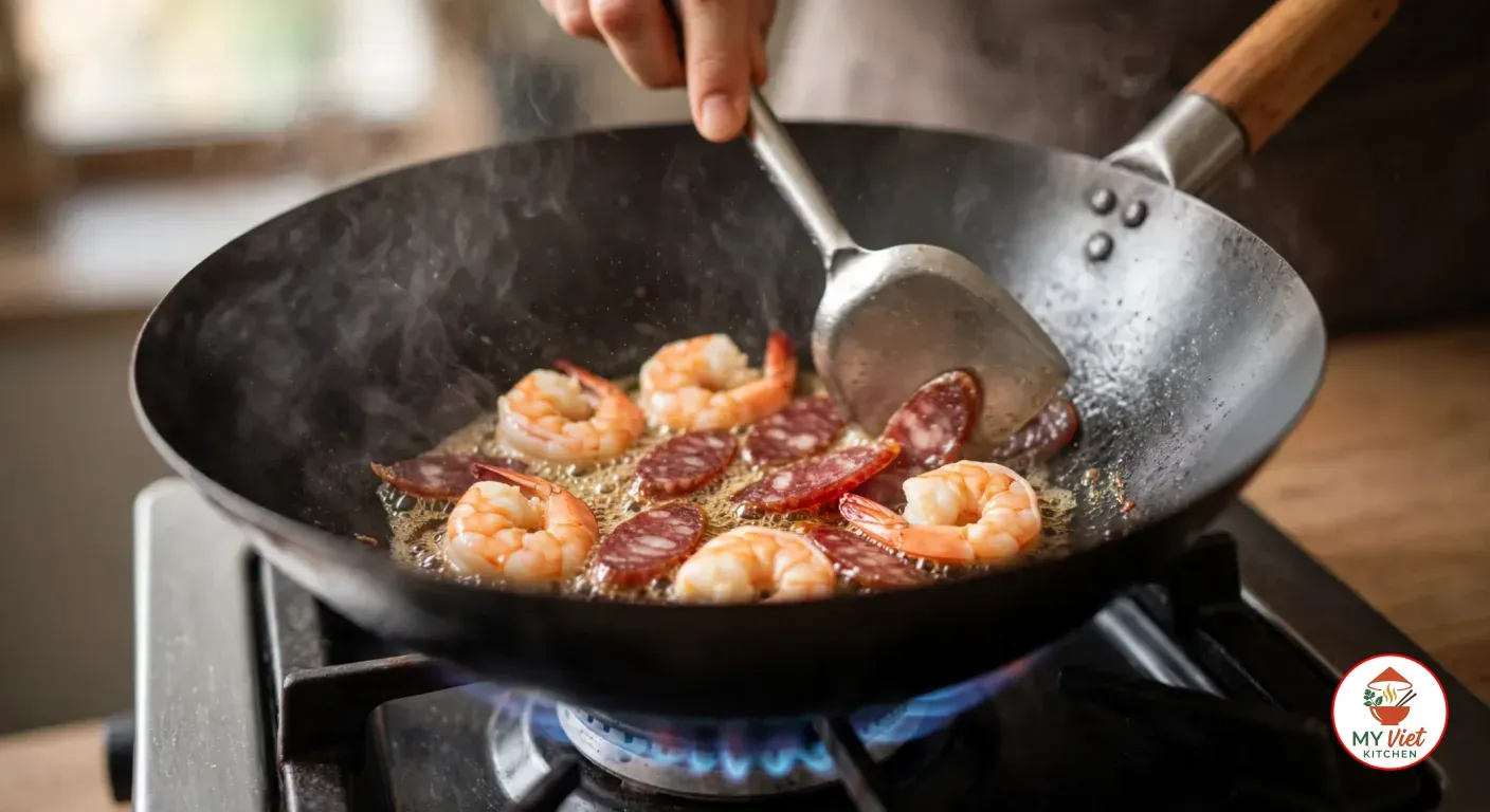 Turning pink prawns and slices of Chinese sausage with a steel wok spatula in sizzling lard in a black carbon-steel wok over a blue gas flame