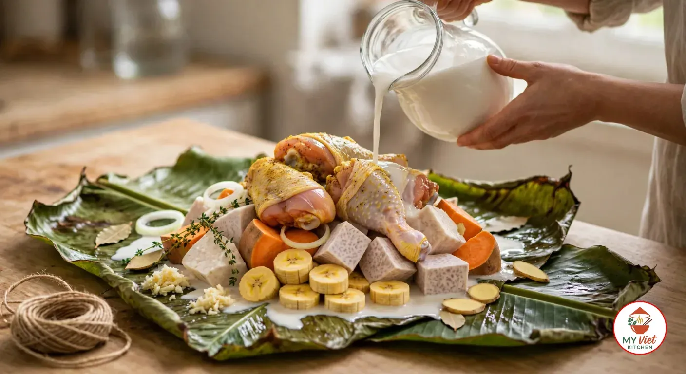 Pouring coconut milk from a glass jug over a mound of turmeric-rubbed raw chicken pieces, chunks of taro, yam and orange sweet potato, plantain rounds, onion rings, garlic, ginger coins, thyme and bay leaves piled on overlapping wilted banana leaves, the milk pooling on the leaves and a ball of jute twine beside them