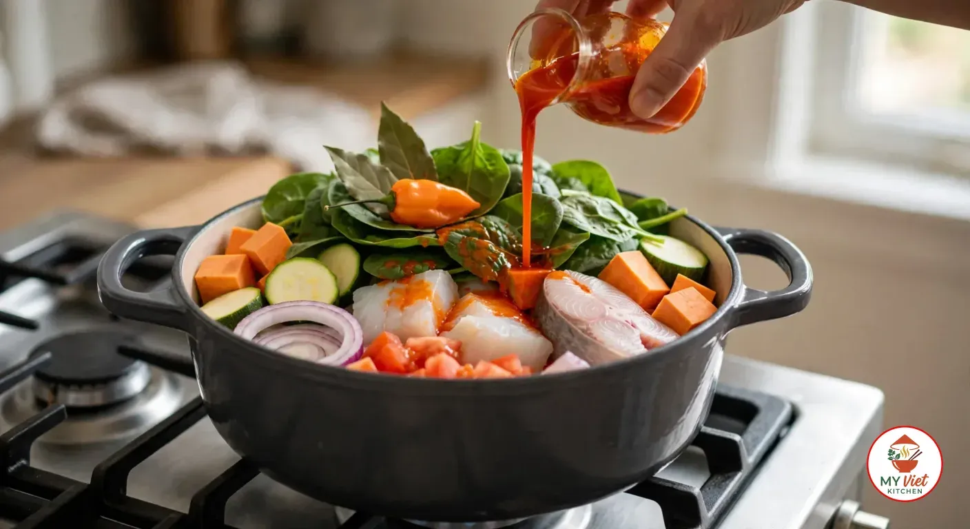 Pouring red palm oil from a small glass jug over raw spinach, bay leaves and a whole orange habanero on top of raw white fish, salt cod, sweet potato cubes, zucchini rounds, red onion and chopped tomato in a dark grey pot on a gas stove
