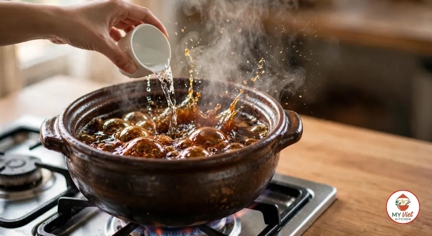 Water poured from a small cup into bubbling dark amber caramel in a clay pot on a gas stove, the caramel sputtering and steaming