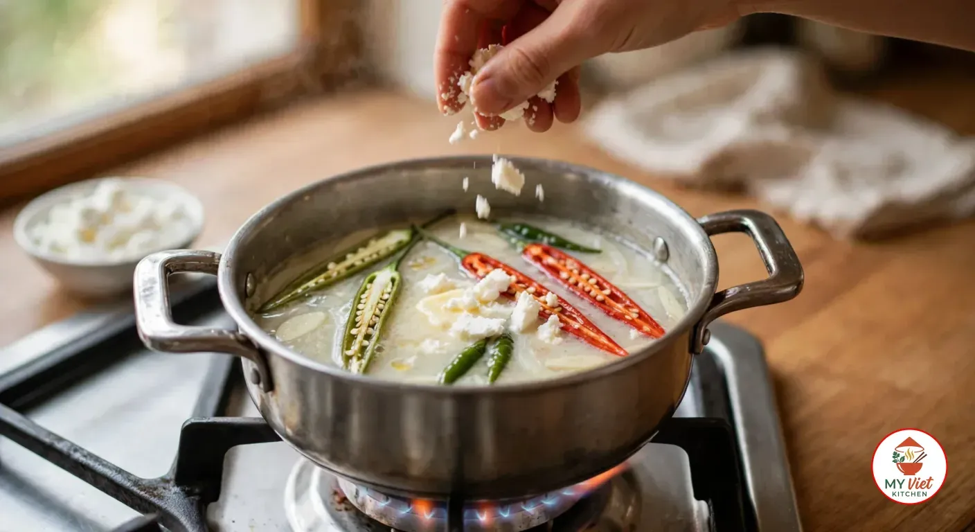 A hand scattering crumbled white farmer cheese over split green and red chilies in pale, cloudy liquid in the stainless-steel pot on the stove, with a bowl of more cheese on the counter