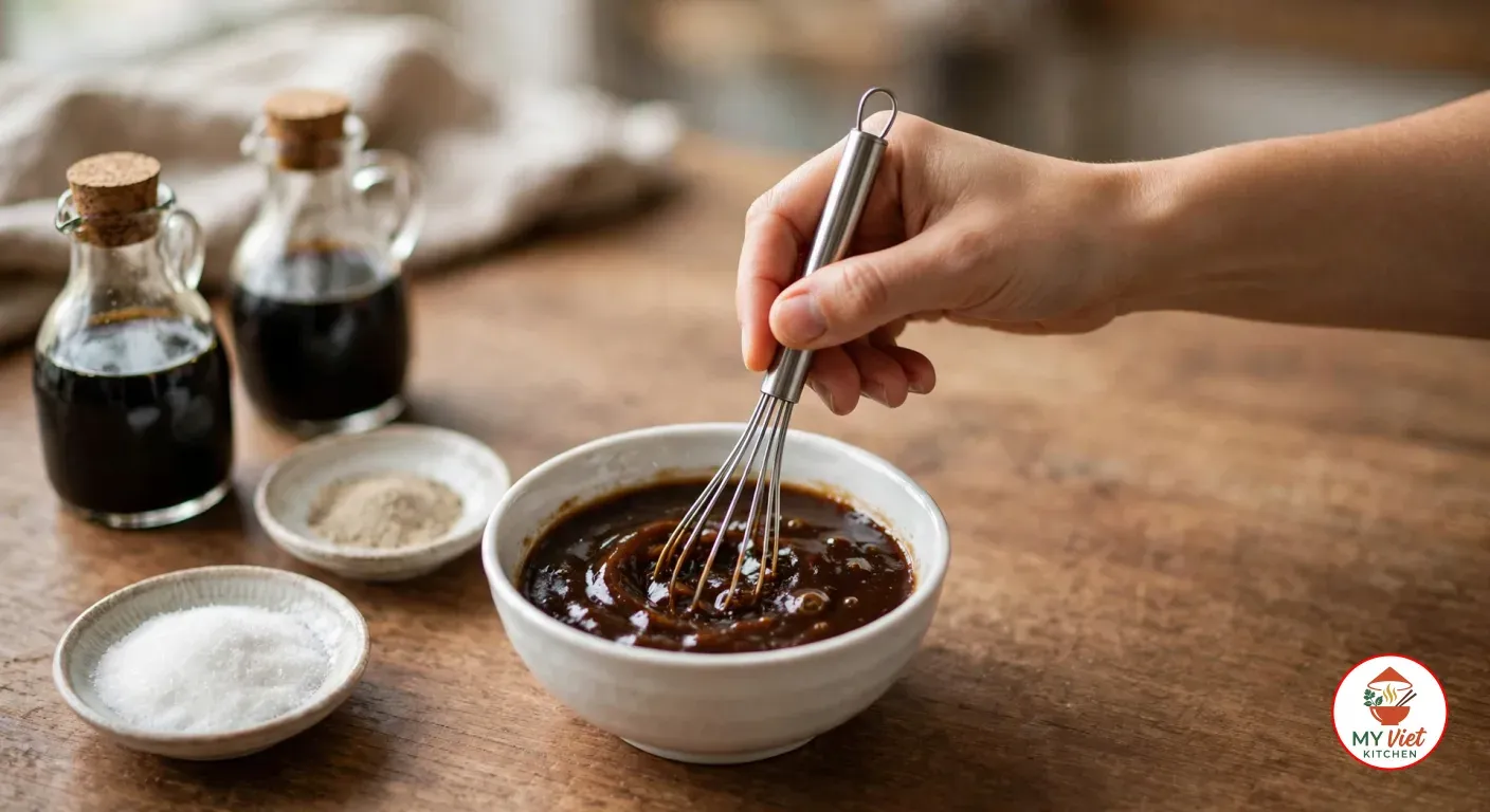 A hand whisking a dark brown soy and oyster sauce mixture in a small white bowl, beside two glass jugs of soy sauce and small dishes of sugar and white pepper on a wooden counter