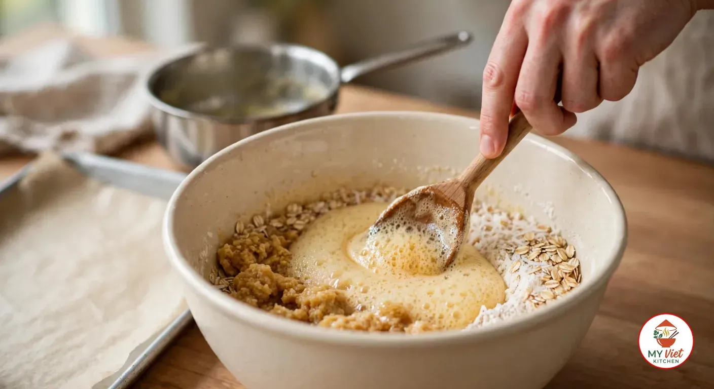 Stirring the foaming butter and golden syrup mixture into the oats, flour and coconut with a wooden spoon, with the emptied saucepan behind the bowl