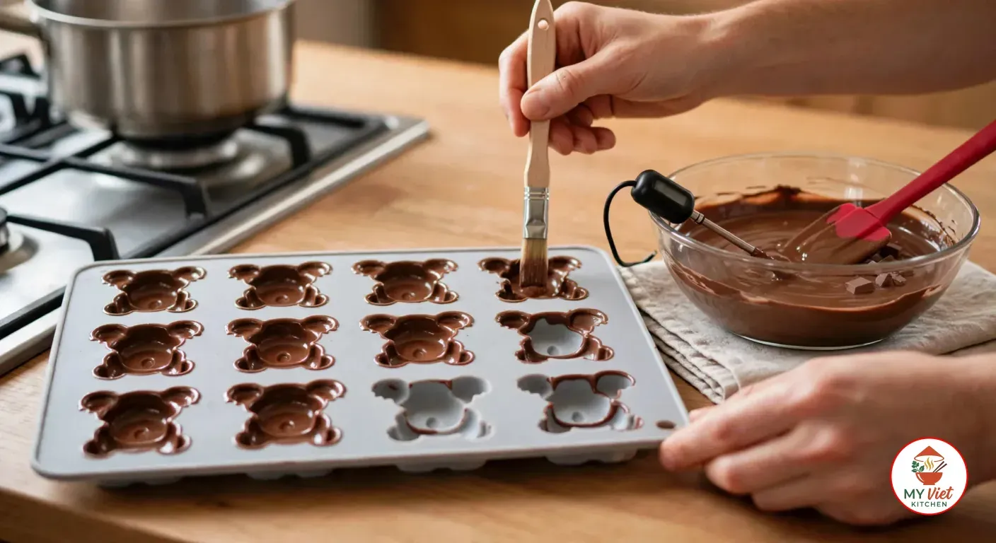 Brushing tempered milk chocolate into the koala-shaped cavities of a grey silicone mold with a small pastry brush, most cavities already lined, beside a glass bowl of chocolate with a red spatula on a linen towel