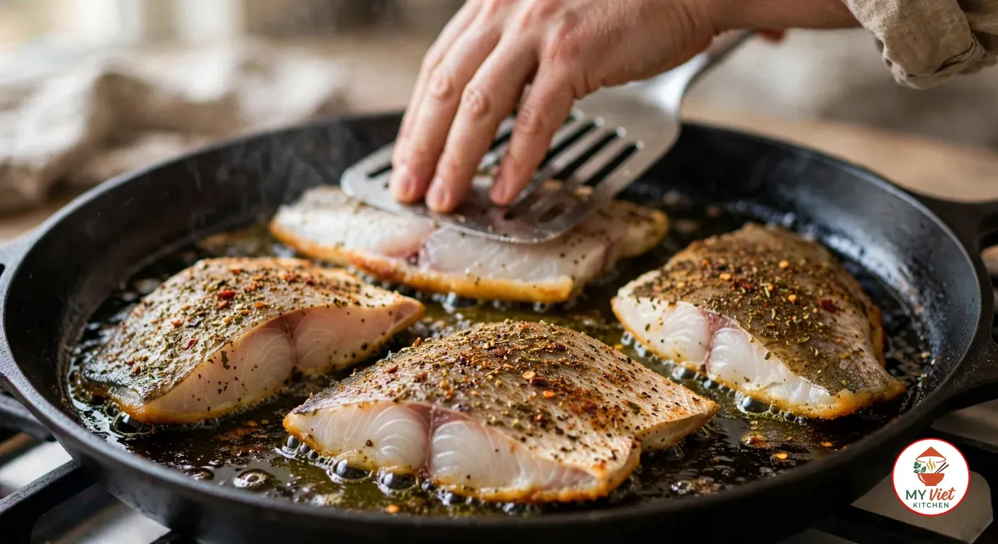 Pressing a barramundi fillet flat with a slotted stainless-steel fish spatula as four spice-coated fillets sear skin side down in bubbling olive oil in a black cast-iron skillet on a gas stove, the flesh turning opaque white above a golden band of crisping skin