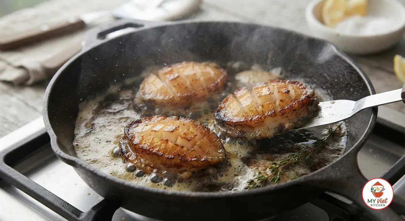 Flipping golden seared abalone in foaming butter in a cast iron skillet