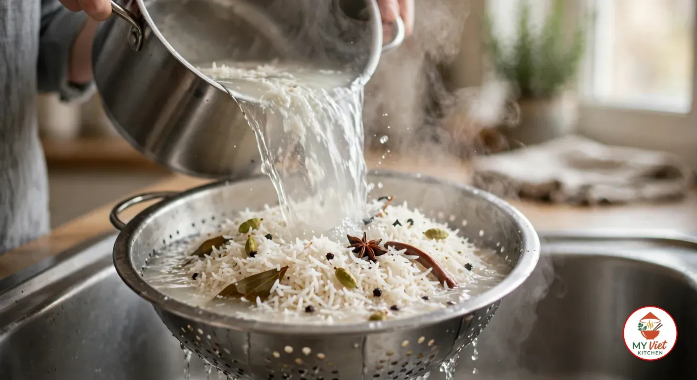 Pouring parboiled basmati rice and its cloudy cooking water from a stainless steel stockpot into a colander in the kitchen sink, the steaming grains studded with green cardamom pods, bay leaves, a cinnamon stick, a star anise and black peppercorns as the water drains away