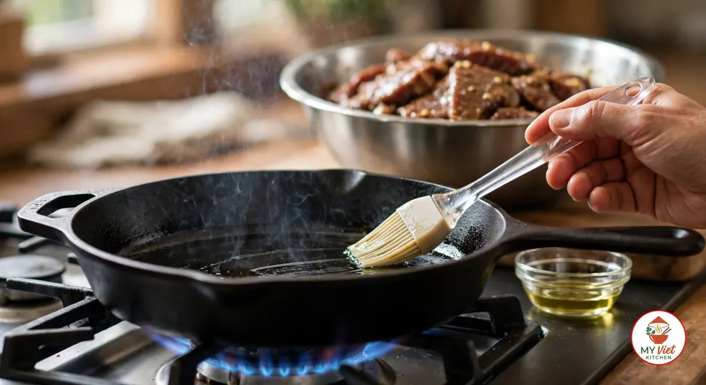 Brushing a thin film of oil across an empty black cast iron skillet over a high blue gas flame with a silicone pastry brush, a wisp of smoke rising from the pan, with a small glass dish of oil beside the stove and a stainless steel bowl of marinated beef on the counter behind