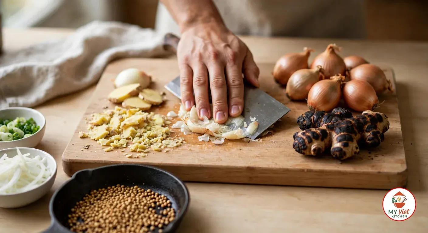 A cleaver crushing peeled shallots on a board beside crushed ginger, whole shallots and charred ginger, with toasted coriander seeds, sliced onion and scallions in small dishes