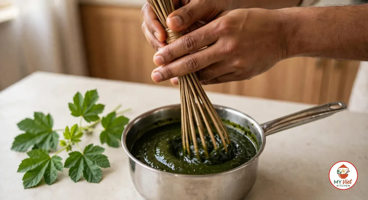Twirling an ijabe broom whisk through smooth, dark green ewedu in a small saucepan, with fresh jute leaves on the counter
