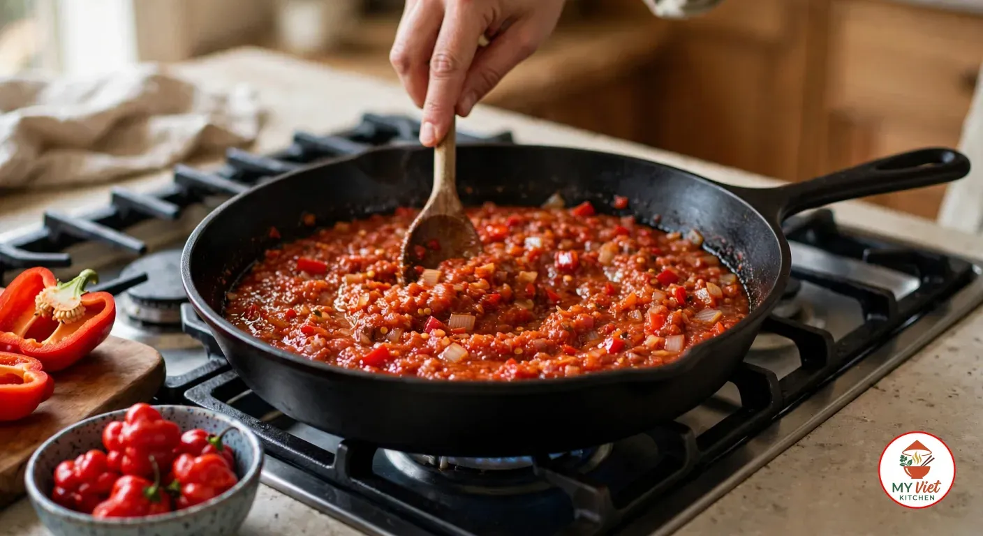 Stirring a coarse red pepper and onion sauce with a wooden spoon in a cast-iron skillet, beside a bowl of Scotch bonnet peppers and a halved red bell pepper