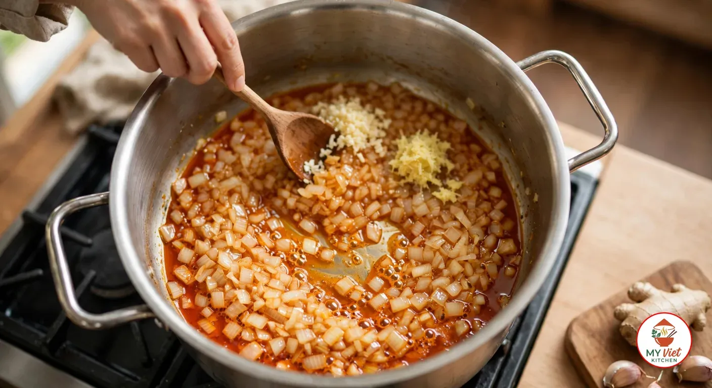 Stirring translucent diced onion in orange-red palm oil with minced garlic and grated ginger in a stainless steel pot on a gas stove, fresh ginger and garlic cloves on a board beside it