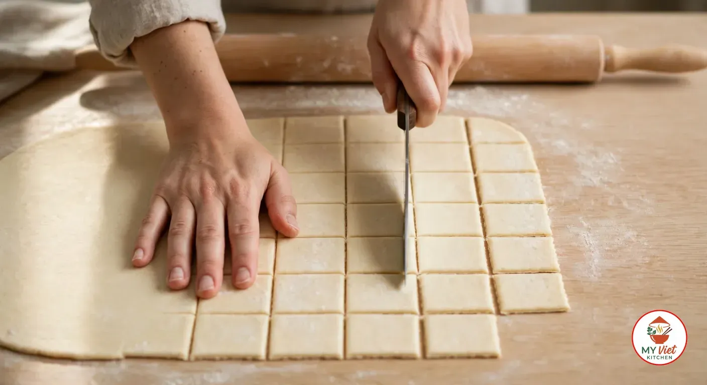 One hand holding a thin sheet of pale chin chin dough flat on a floured oak counter while the other cuts it into a grid of small rectangles with a knife, a wooden rolling pin behind