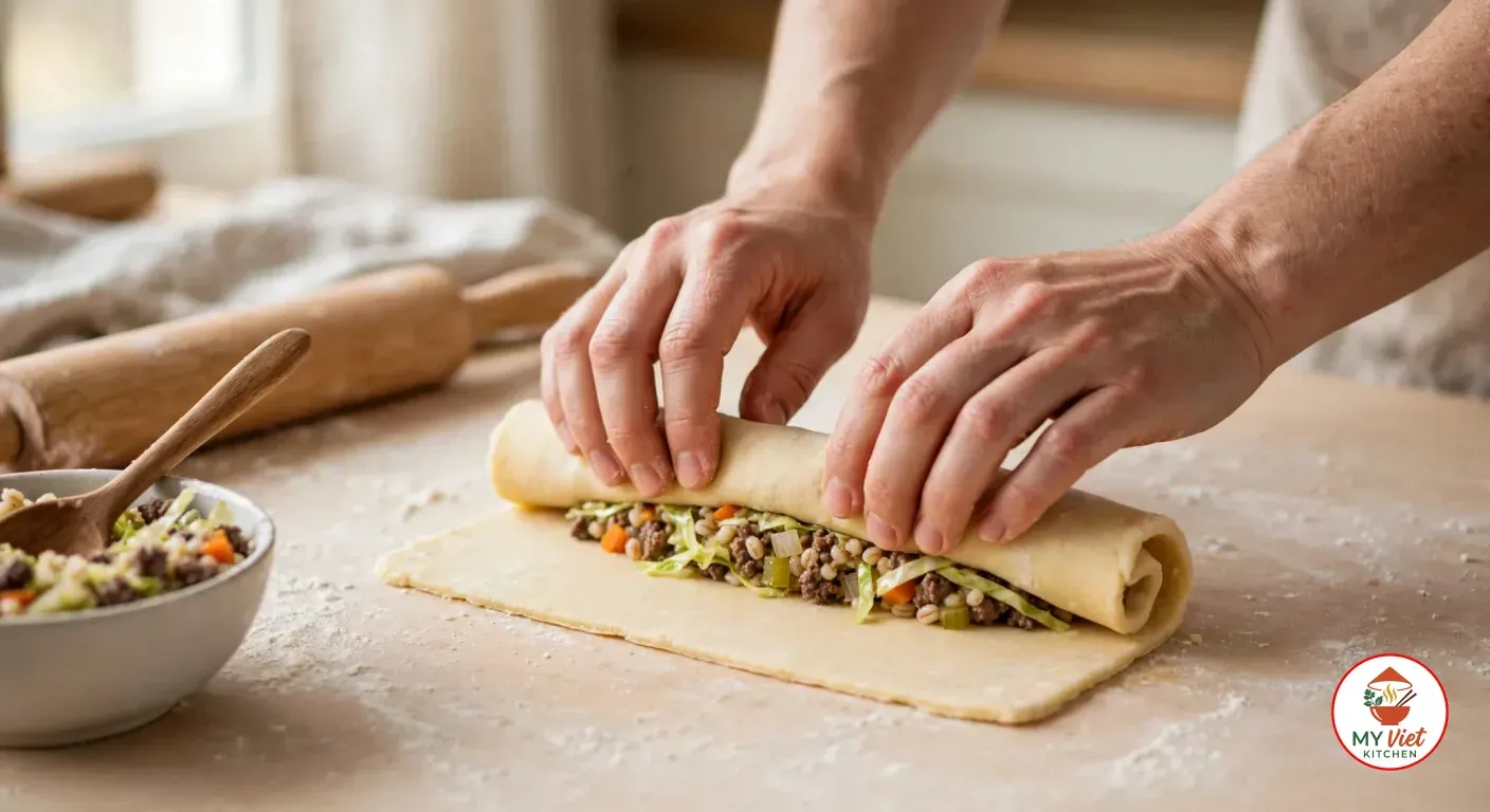 Two hands rolling a sheet of pale pastry dough over a line of cabbage, barley and beef filling on a floured wooden worktop, beside a bowl of filling with a wooden spoon and a rolling pin