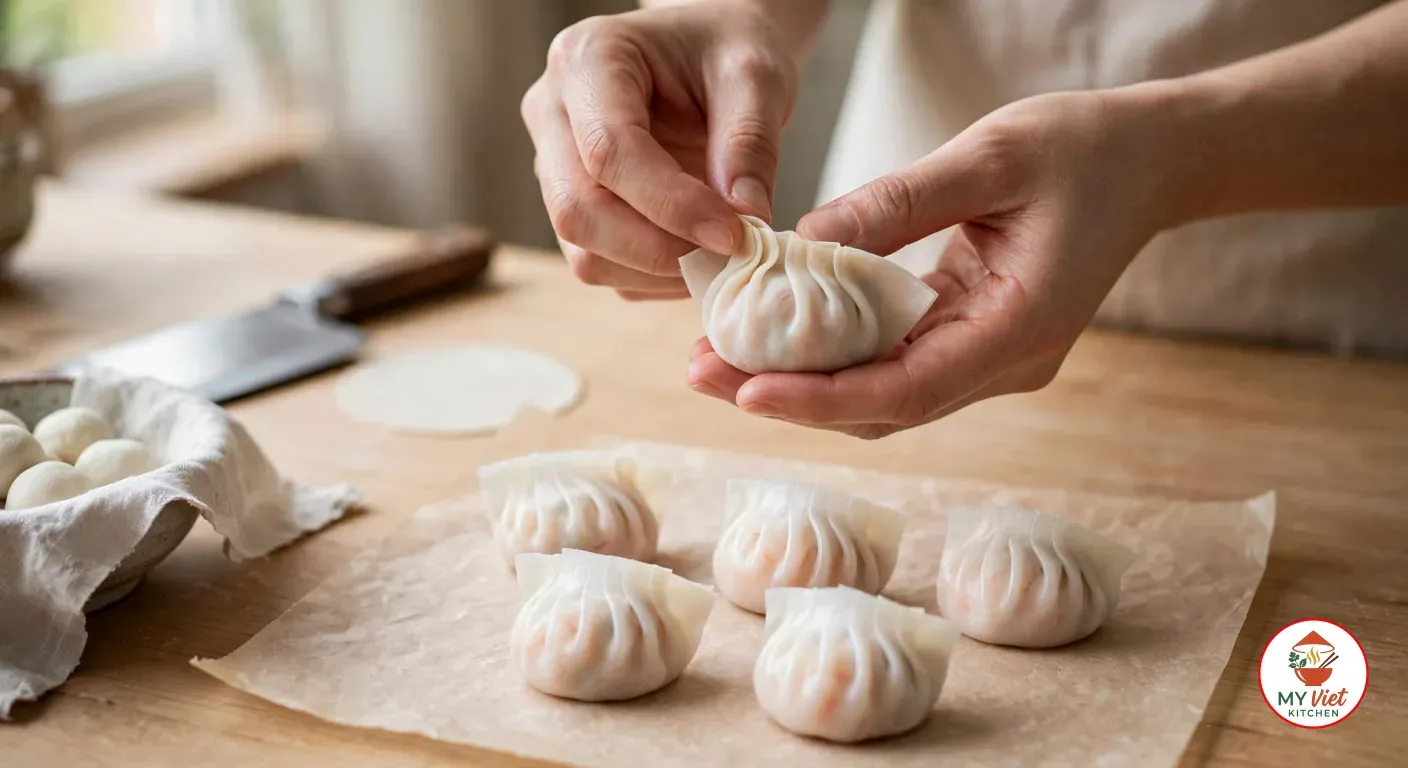 Hands pleating a raw har gow with a thin white wheat-starch skin over a wooden counter, beside five finished pleated har gow on parchment, a pressed round wrapper, a Chinese cleaver and a bowl of dough balls under a cloth