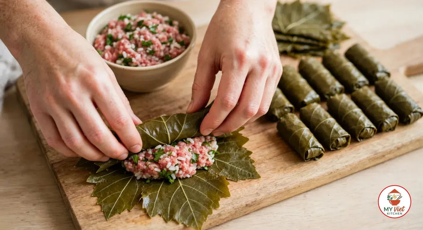Two hands folding a dark olive-green grape leaf over a log of raw lamb, rice and herb filling on a wooden board, with a bowl of filling, a stack of flat leaves and two rows of finished finger-sized rolls beside it