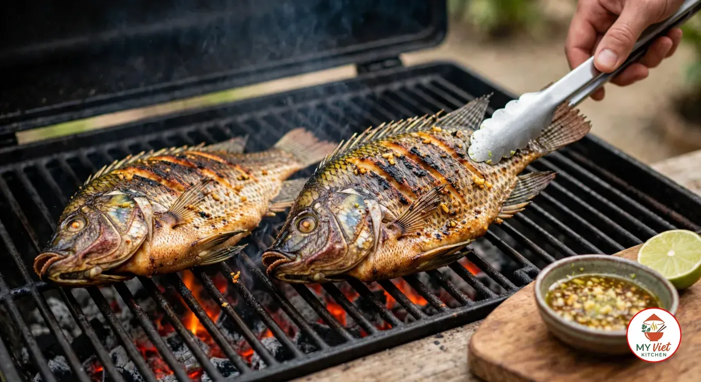 Two whole scored tilapia with golden, crispy, charred skin and a garlic-ginger marinade grilling over glowing charcoal, a hand turning one with metal tongs, a small bowl of marinade and half a lime on a wooden board beside the grill