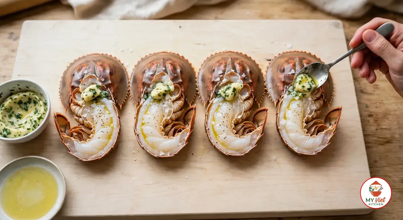 Spooning garlic parsley butter onto four butterflied raw Balmain bugs lined up on a wooden board, their white meat brushed with olive oil and sprinkled with flaky salt and black pepper, beside a bowl of garlic butter and a dish of olive oil