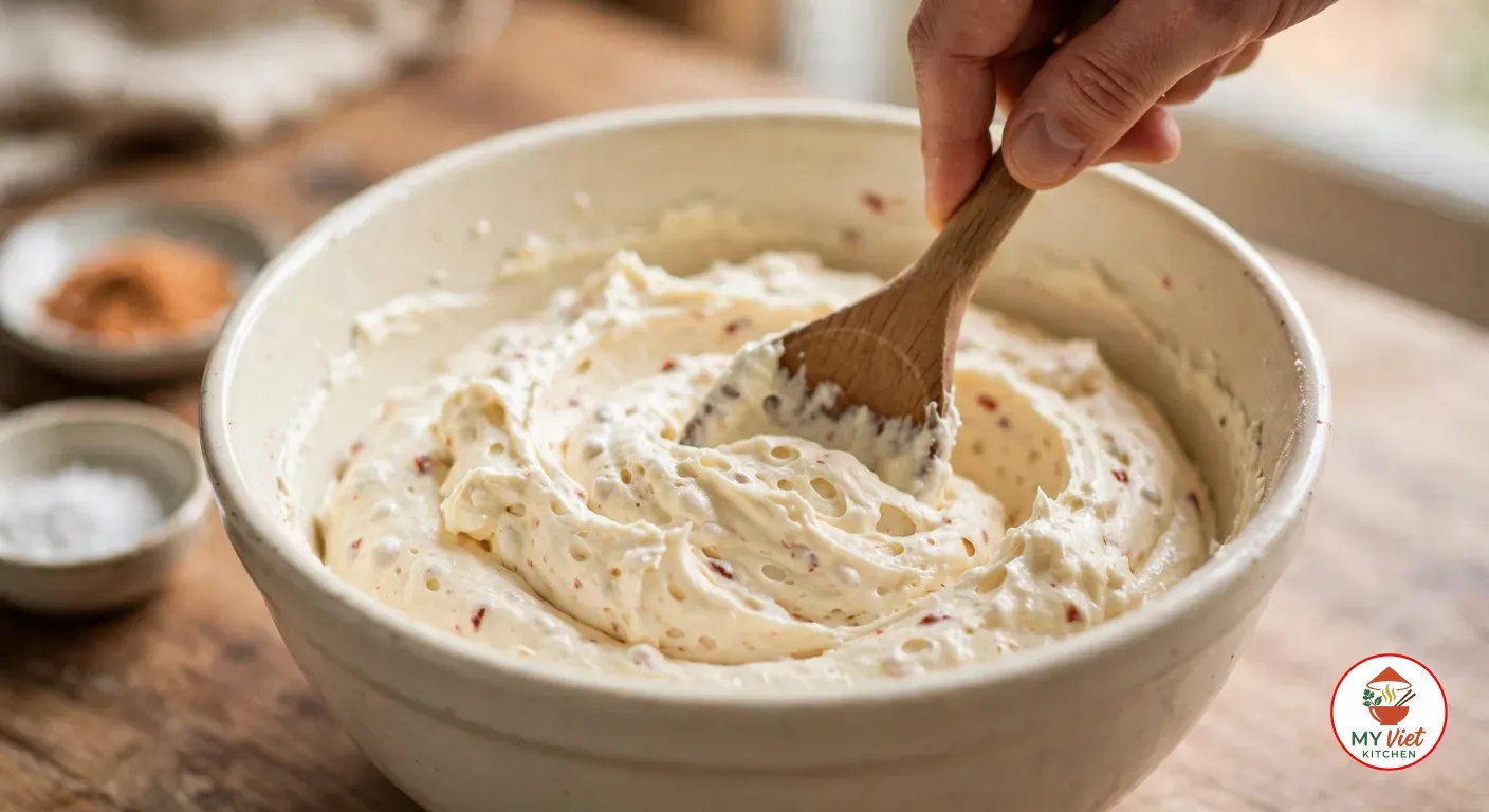 Beating akara batter with a wooden spoon until light and fluffy