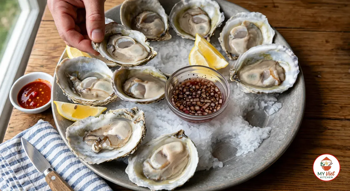 Nestling a shucked Bluff oyster on its half shell into crushed ice on a pewter platter of raw oysters, with a glass bowl of shallot mignonette and lemon wedges in the middle, a dish of chili hot sauce and an oyster knife on a striped tea towel beside it