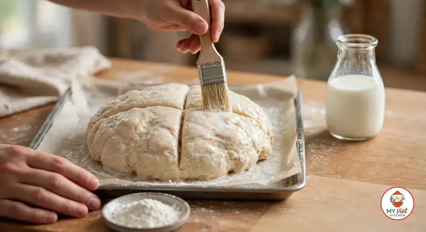 A hand brushing milk over a round of raw damper dough scored with a shallow cross on a paper-lined baking tray, beside a glass bottle of milk and a small dish of flour