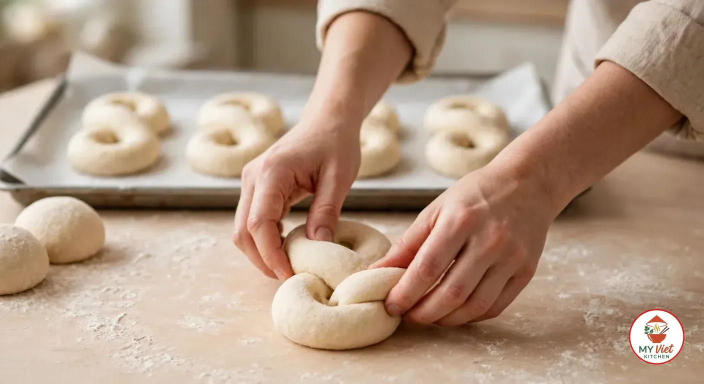 Two hands tucking a thick rope of raw pale dough into a figure eight on a floured wooden counter, with plump raw figure eights on a parchment-lined tray behind and two balls of dough at the left