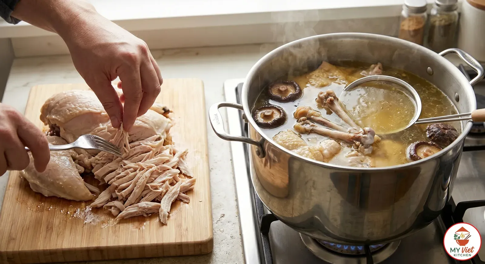 Step 3- Shred the Chicken and Simmer the Bones