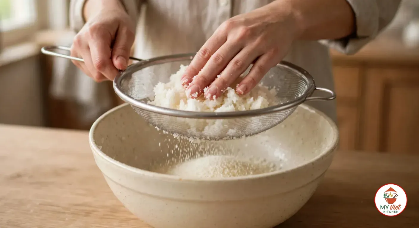 Pressing crumbly cassava through a fine-mesh sieve set over the ceramic bowl, with fine granules falling into it