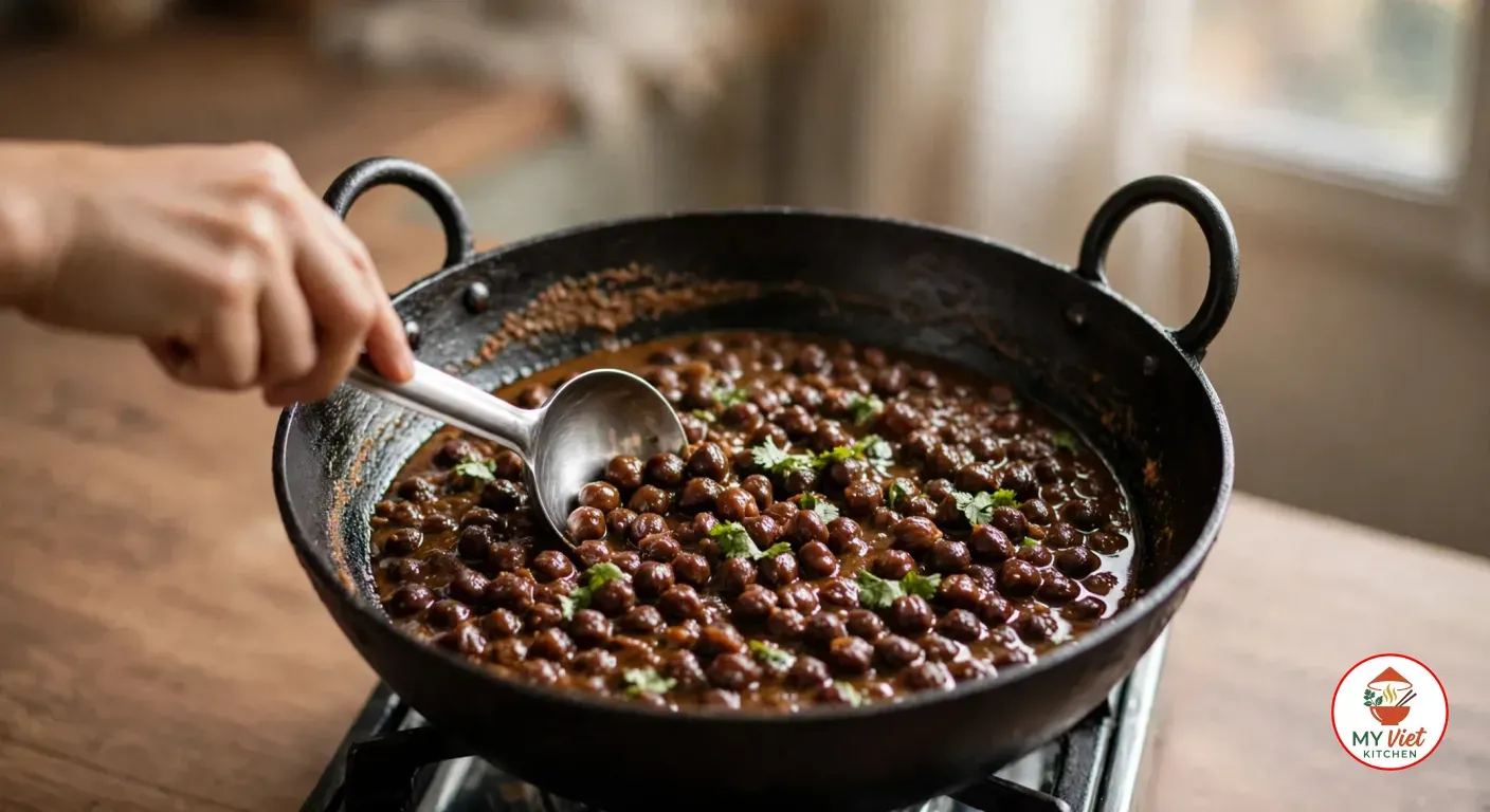 A hand holding a steel ladle in dark brown chole simmering in the same black cast-iron kadhai, the chickpeas in a thick, glossy gravy scattered with chopped cilantro