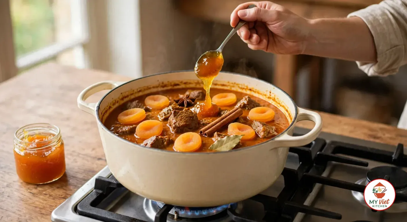 Dropping a spoonful of apricot jam into a cream enamelled cast iron pot of browned lamb simmering in tomato curry sauce with dried apricot halves, a cinnamon stick, a star anise pod and a bay leaf, beside an open jar of jam on the counter