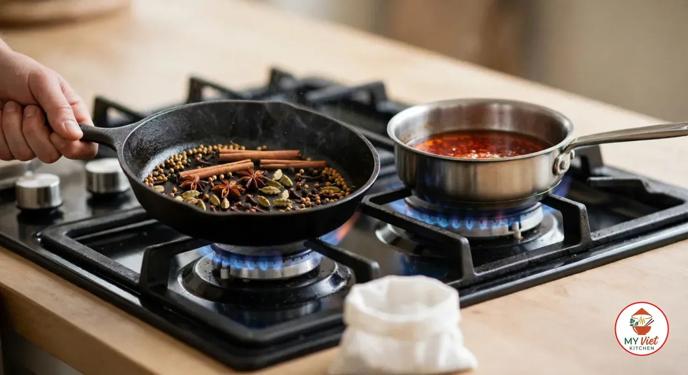Whole spices toasting in a cast iron skillet beside a small saucepan of red-orange annatto oil on the gas stove, a muslin spice bag in front
