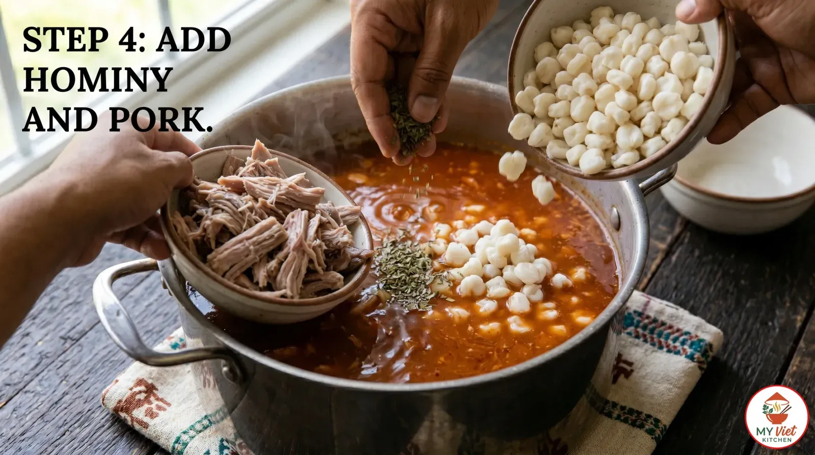 Step 4- Add Hominy and Pork