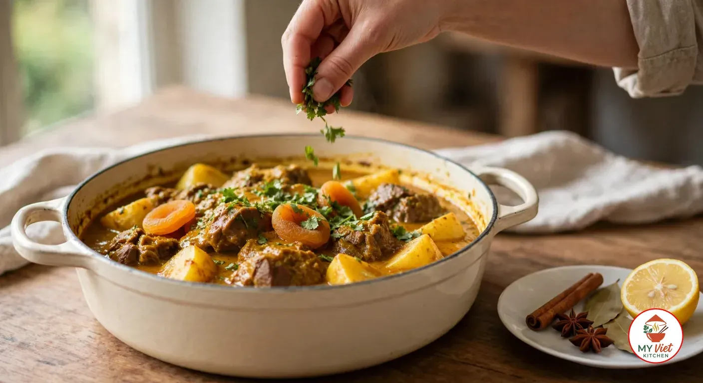 Scattering chopped cilantro over finished Cape Malay curry with lamb, potatoes and dried apricots in a cream enamelled cast iron pot, beside a saucer holding the removed cinnamon sticks, star anise and bay leaves and half a lemon