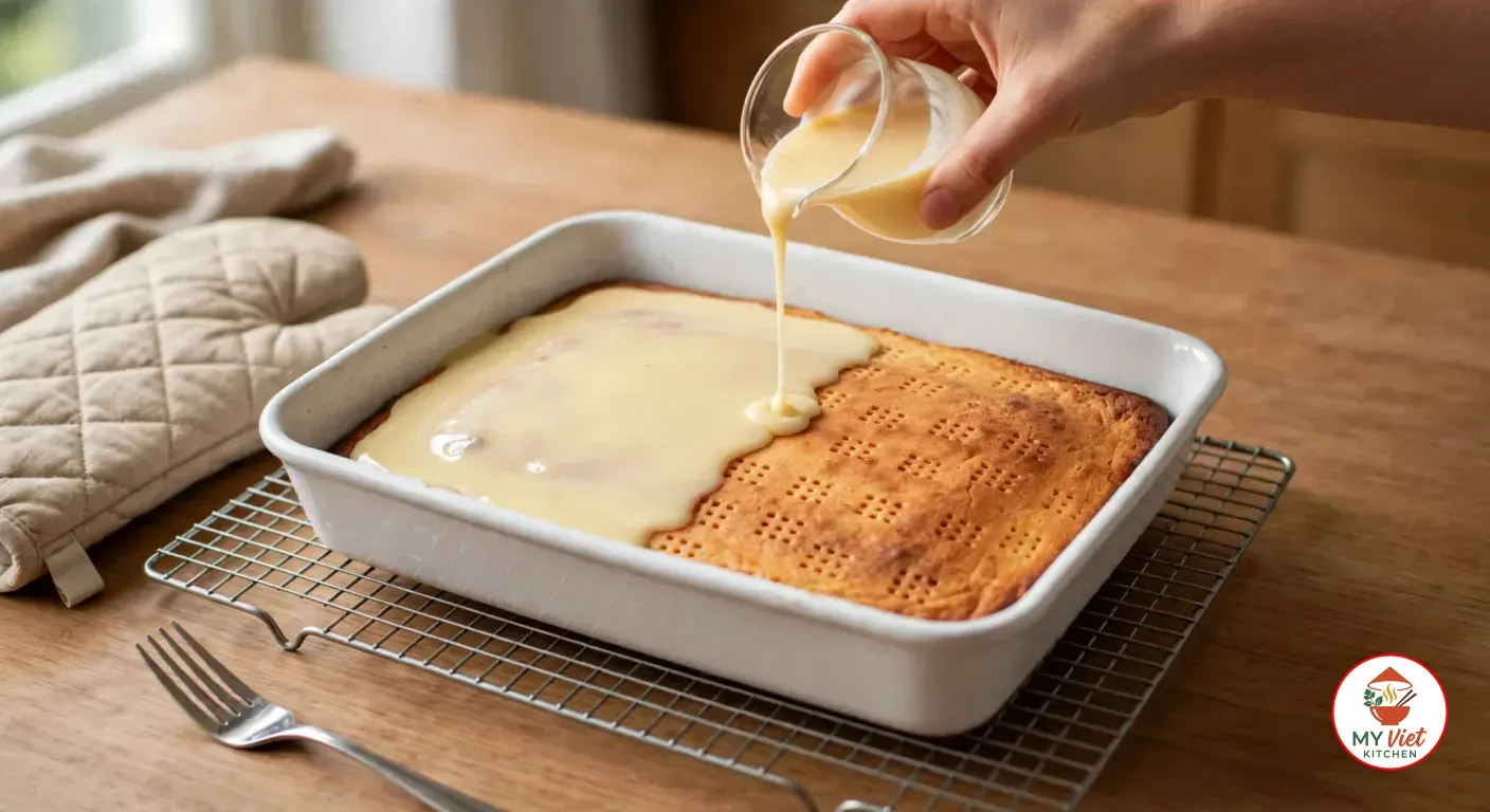 Pouring a pale custard of egg yolks, condensed milk and coconut cream from a small glass over a fork-pricked golden cassava cake in a white rectangular baking dish on a wire rack, with a fork on the counter