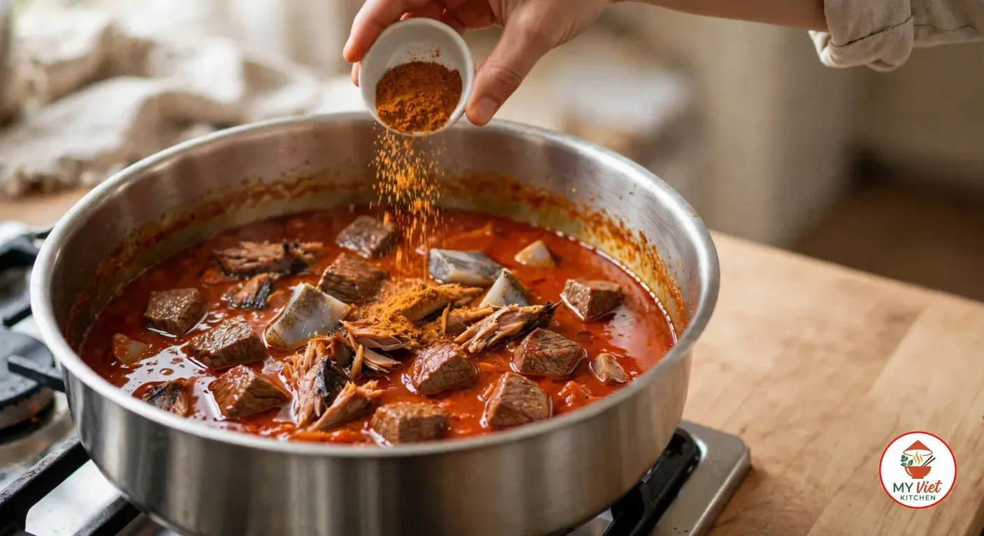 A hand sprinkling ground crayfish from a small white bowl over beef cubes, flaky smoked fish and pale stockfish pieces in red-orange pepper sauce in the wide stainless-steel pot on the stove
