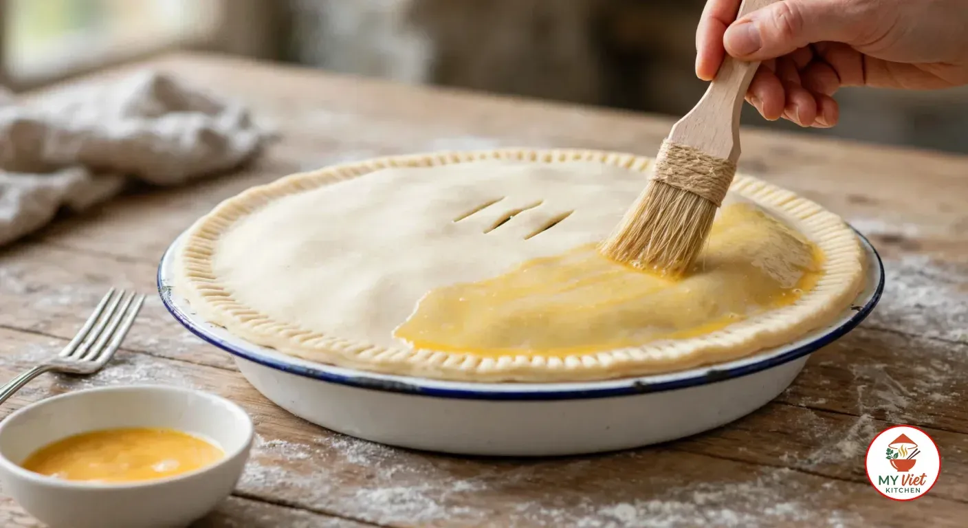 Brushing egg yolk over the raw pastry lid of the pie in the enamel dish, its edge fork-crimped and three steam slits cut in the centre, beside a bowl of beaten yolk and a fork