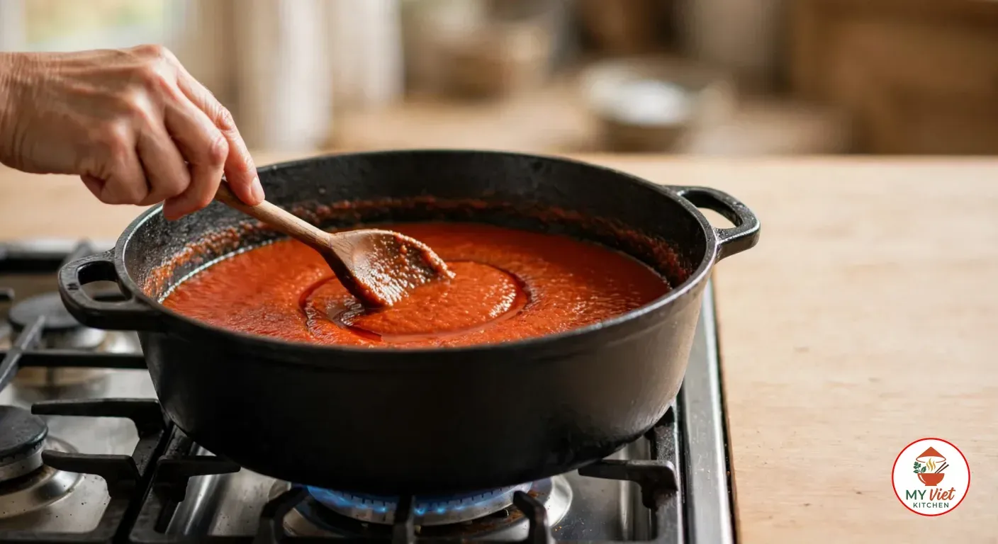 A hand drawing a wooden spoon through thick brick-red tomato masala sauce in a black cast-iron Dutch oven on a gas stove, leaving a trail, with a sheen of oil at the edges