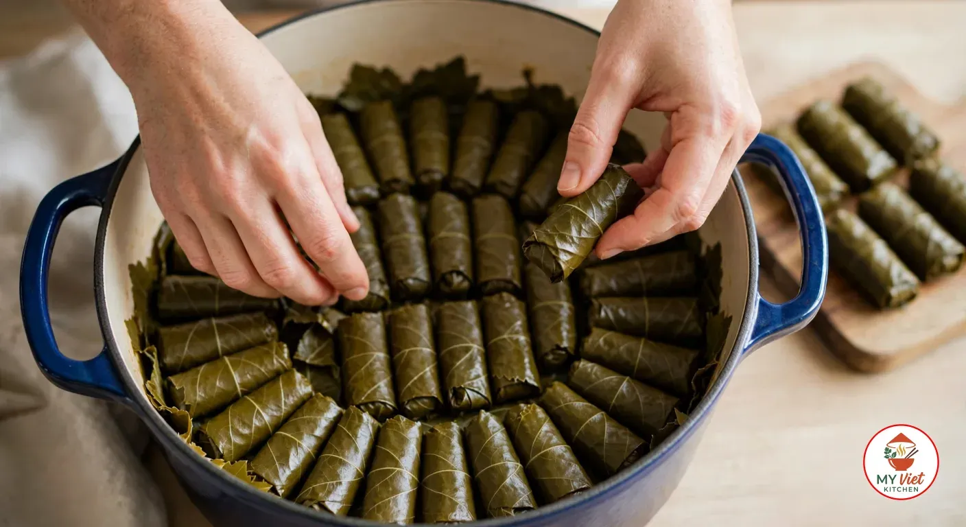 Two hands packing finger-sized, dark olive-green grape leaf rolls into a cobalt-blue enamelled cast-iron pot lined with torn leaves, the rolls set tightly side by side in a ring around the edge and in rows in the middle, with more rolls waiting on a wooden board