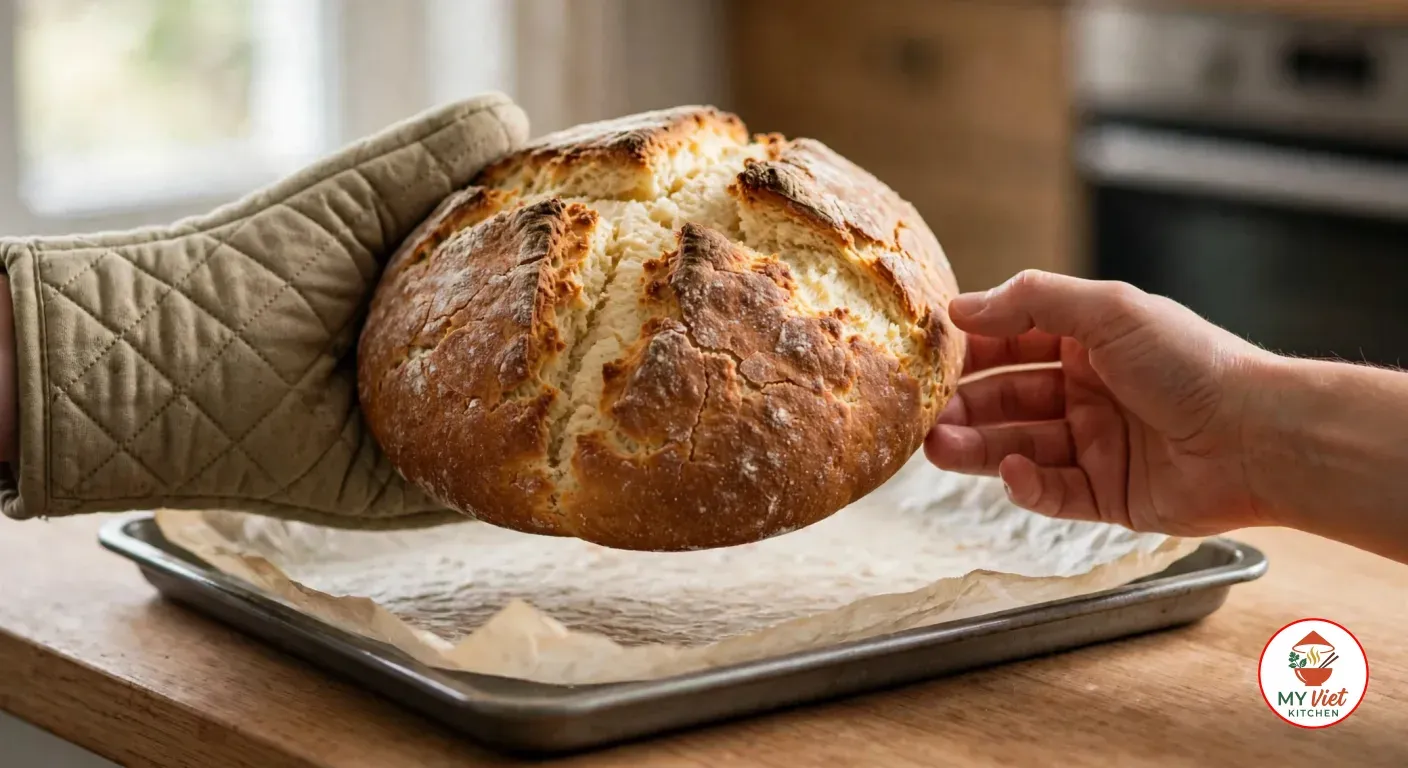A hand in a quilted oven mitt lifting a golden-brown damper with a cracked, scored top off a paper-lined baking tray while the other hand reaches to knock on it